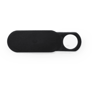 A black webcam cover with a circular opening for easy attachment. It features a logo on the surface.