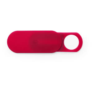 A red webcam cover with a slide mechanism and a circular opening for easy attachment.