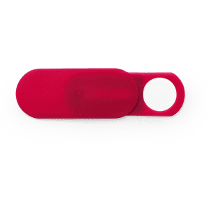 A red webcam cover with a sliding mechanism and a circular opening. It has a minimalist design and a logo.
