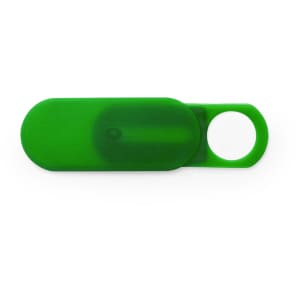 A green webcam cover with a circular attachment tab, designed for privacy and security.