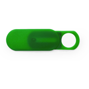 A green webcam cover with a circular attachment point, featuring a smooth finish and a minimalistic design.