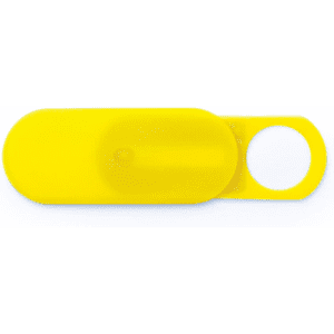 A yellow webcam cover featuring a rounded shape with a circular opening. It has a branding logo.