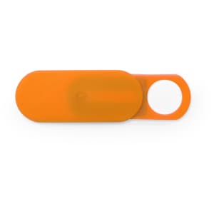 An orange webcam cover with a circular cutout and a tab for easy application. It has a smooth, minimal design.