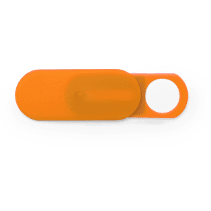 An orange webcam cover with a sliding mechanism for privacy, featuring a circular cutout and a rounded shape.