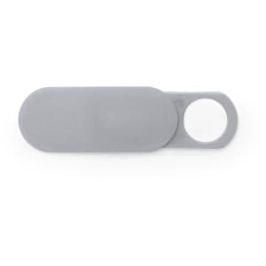 A grey webcam cover with an oval shape and a small circular opening, featuring a logo.