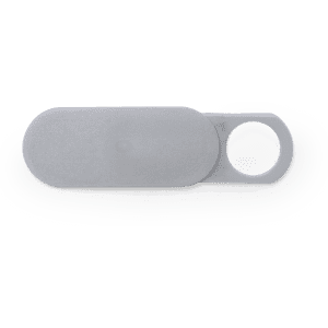 A grey webcam cover with a sliding mechanism and a circular hole for attachment. It has a sleek, minimalist design.