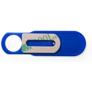 A blue webcam cover with a sliding mechanism and a circular hole, designed for device security.