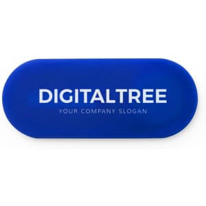 A blue oval webcam cover with a logo and text. The design is sleek and minimalist.