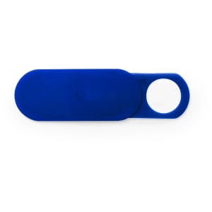A blue webcam cover with a sliding design and a circular opening for lens visibility. It has a branding logo.