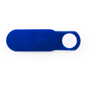 A blue webcam cover with an oval shape and a circular hole for attachment. It has a simple design and a smooth finish.