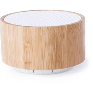 A round speaker with a bamboo exterior and a white grille. The speaker features a logo on the base.