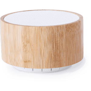 A round speaker with a bamboo exterior and a white top, featuring a subtle branding logo on its base.