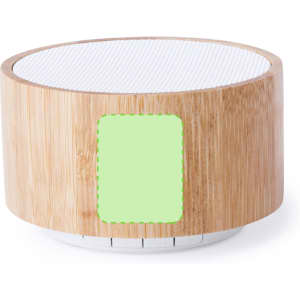 A round speaker with a bamboo exterior and a white grille on top. Features a logo on the front.