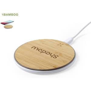 A round, bamboo wireless charger with a white base, featuring a subtle logo.