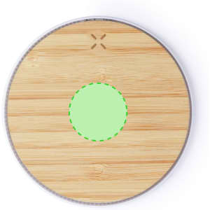 A round wireless charger with a bamboo surface and a light green charging area at the centre. It features a logo.