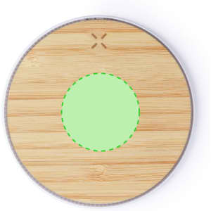 A round wireless charger with a bamboo surface and a green highlighted charging area. It features a logo.