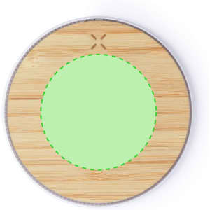A round wireless charger with a bamboo surface and a green charging area, featuring a logo.