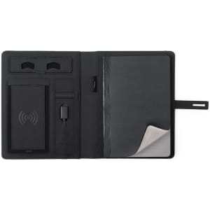 A black multifunction notepad featuring a wireless charging pad, pockets for cards, and a document holder.