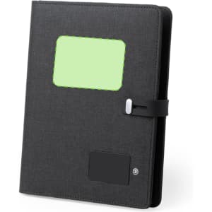 A grey multifunction notepad featuring a smooth cover and a strap closure, with an area for a label or logo.