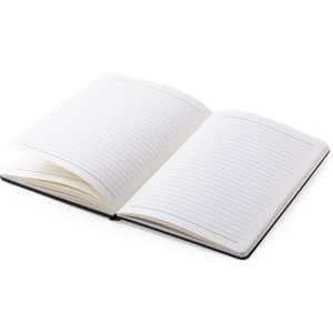 An open notepad with blank lined pages, featuring a black cover and visible binding.