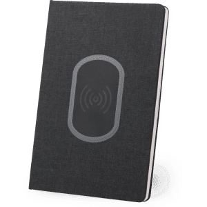 A black notepad with a textured cover and a wireless charging pad integrated into the front. It features a logo.