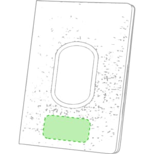 A notepad with a white cover featuring a rectangular cutout and a green accent area, designed for branding.
