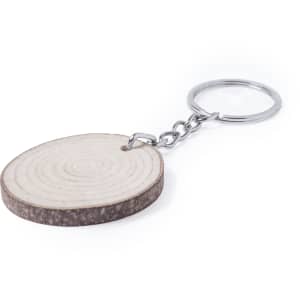 A wooden keyring with a circular design and a metal chain attachment. The natural wood colour is complemented by the silver chain.