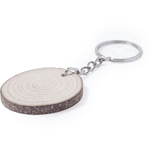 A wooden keyring with a natural finish and a silver chain attachment.