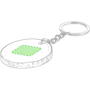 A round keyring with a textured finish and a green square area for customisation, attached to a metal chain.