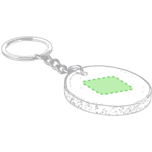 A round keyring with a chain attachment, featuring a square design in green on a textured surface.