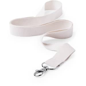 A beige lanyard with a clip at one end, featuring a smooth, flat design suitable for holding ID cards or badges.