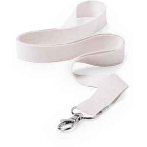 A white lanyard with a metal clip at one end, suitable for holding ID cards or small items.