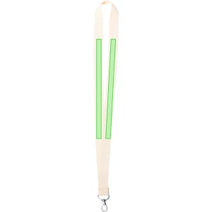 A lanyard in beige with two vibrant green reflective stripes and a metal clip at the bottom. It features a logo.