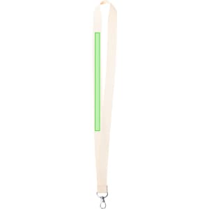 A beige lanyard with a green accent and a metal clip attachment. It features a branding logo.