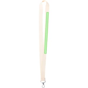 A light cream lanyard with a green reflective strip and a metal clip at one end. It includes a logo.