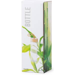 A drink bottle in a clear design with a wooden lid, displayed in a box featuring green bamboo imagery.
