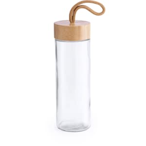 A drink bottle with a clear glass body and a wooden lid, featuring a rope handle for easy carrying.
