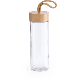 A drink bottle with a clear body and wooden lid, featuring a rope handle for easy carrying.