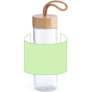 A drink bottle with a clear body, bamboo lid, and a rope handle, featuring a green label around its midsection.