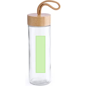 A drink bottle made of clear glass with a bamboo lid and a woven strap. The body is unlabelled.