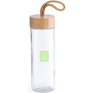 A drink bottle made of clear glass with a bamboo lid and a woven strap. Features a blank area for custom branding.
