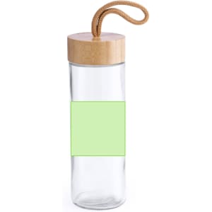 A drink bottle made of clear glass with a bamboo lid and a beige rope handle.
