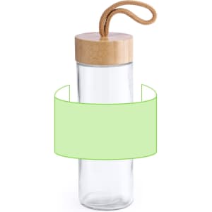A drink bottle made of glass with a wooden lid and a rope handle, featuring a green band.