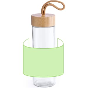 A drink bottle with a clear glass body, wooden lid, and a braided handle, featuring a green sleeve around it.