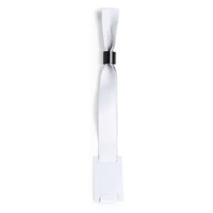 A white wristband with a smooth ribbon design and a rectangular attachment. It features a logo on the band.