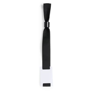 A black fabric wristband with a loop and a blank white ID card holder. Suitable for events and exhibitions.