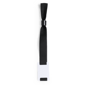 A black event wristband with a white cardholder and an adjustable tie, featuring a sleek design.