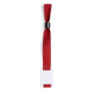 A red wristband with a black fastener and a blank white tag. Suitable for events and exhibitions.
