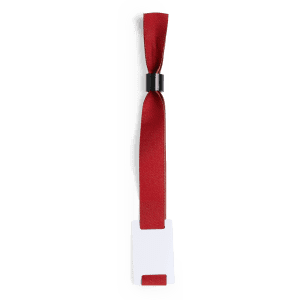 A red Festak bracelet with a white tag, designed for events and exhibitions.
