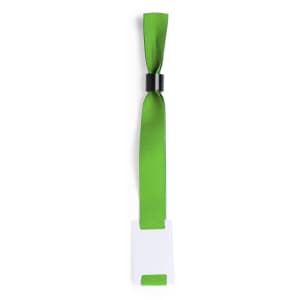 A green fabric wristband features a black fastening and a blank white tag for custom details.